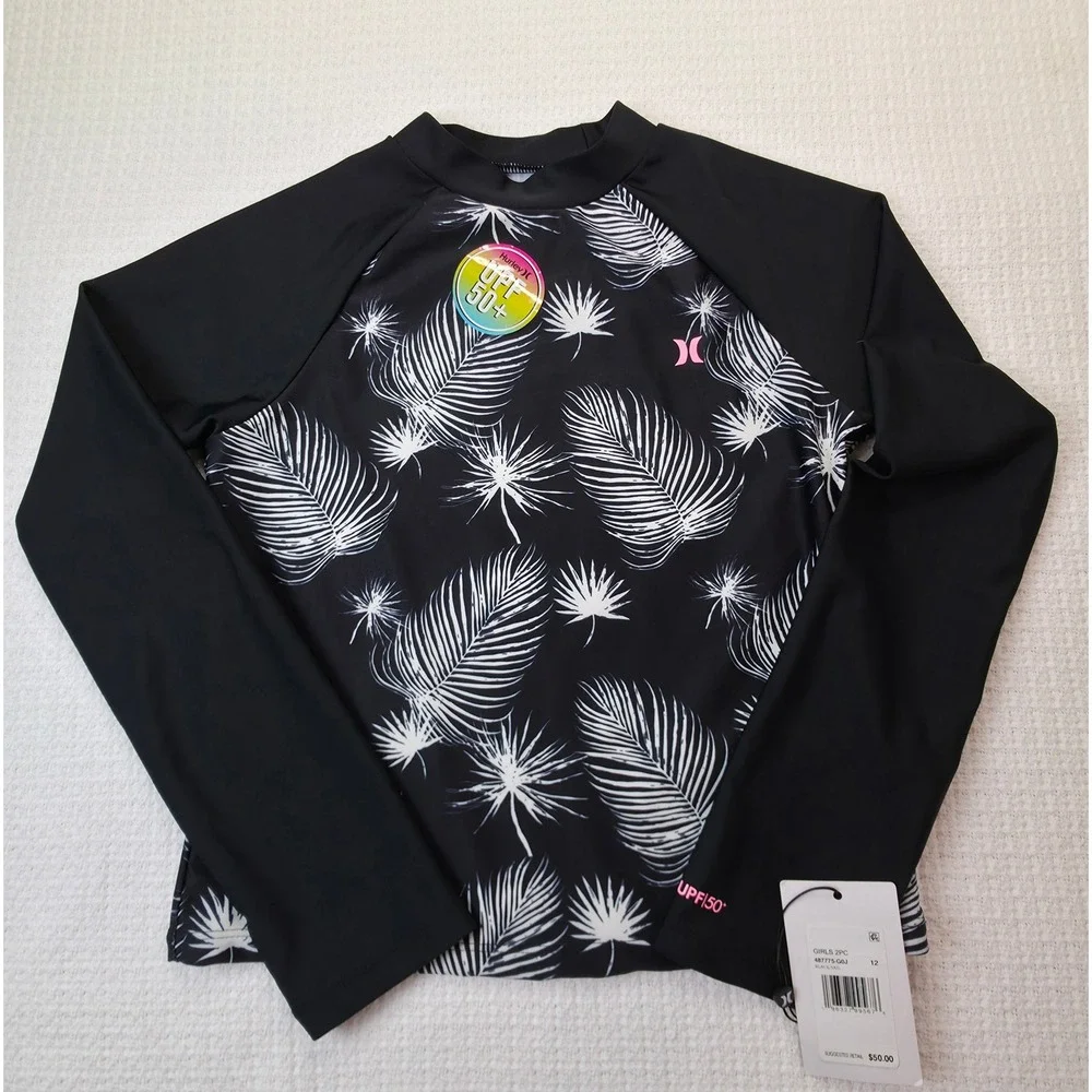 Hurley Rash Guard Girls Size 12 Black Sail New Tropical Long Sleeve UPF 50+ Top